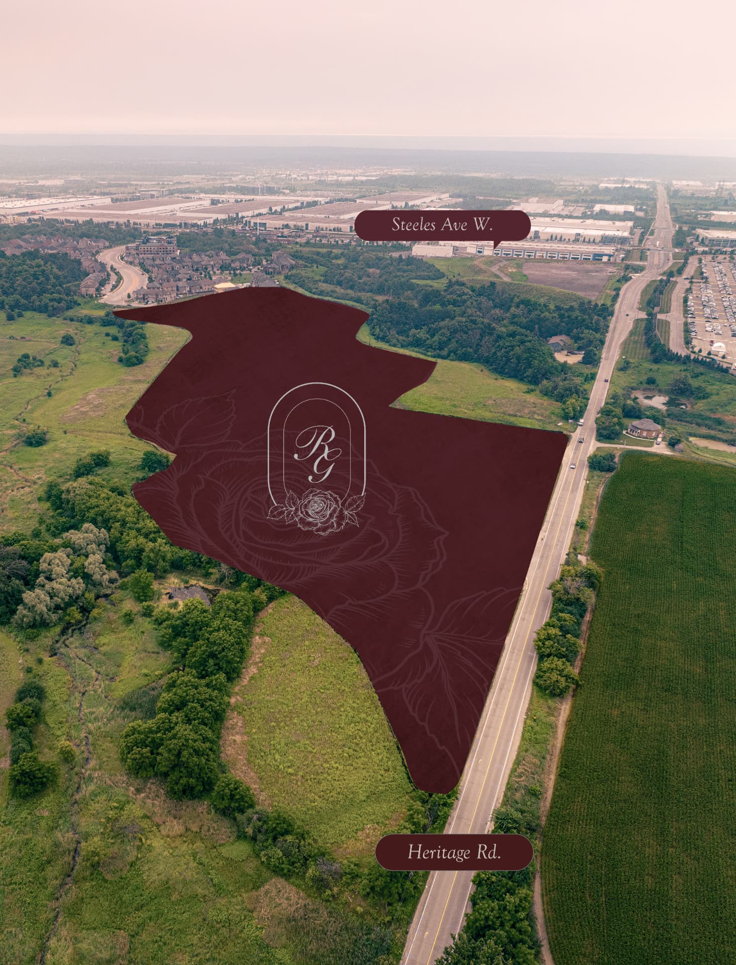 Aerial site plan of Heritage Road and Steeles Avenue West in Brampton showing the Rosemont Grove parcel
