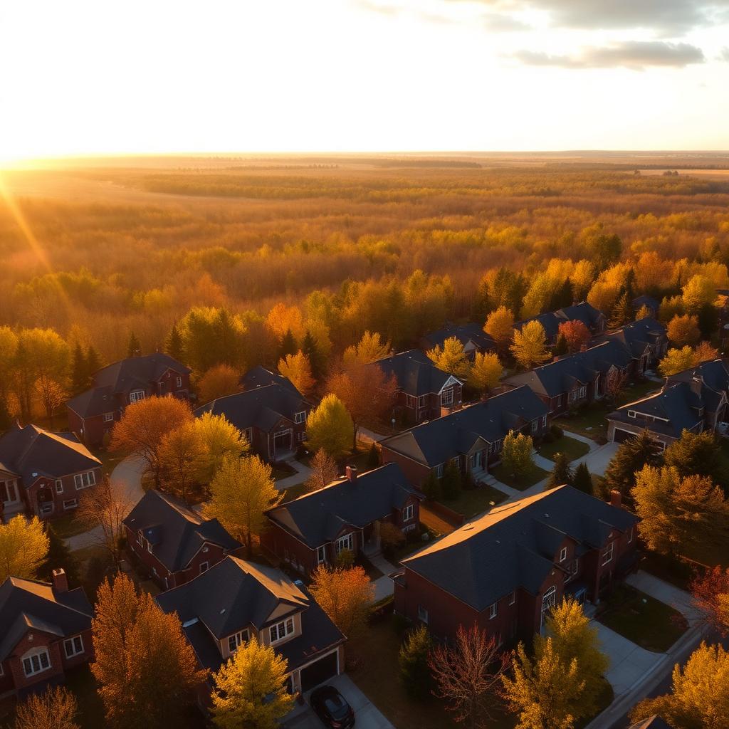 Aerial view of Bram West detached homes bordering Credit River Valley woodlands at golden hour